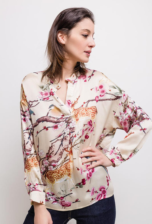 Bianca Blouse - Oversize skjortebluse med print - Creme orientalsk print - Modeci